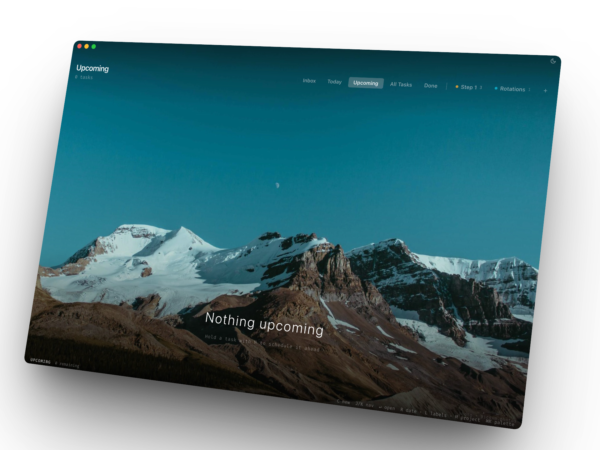 SuperTasks inbox zero screen showing a mountain landscape