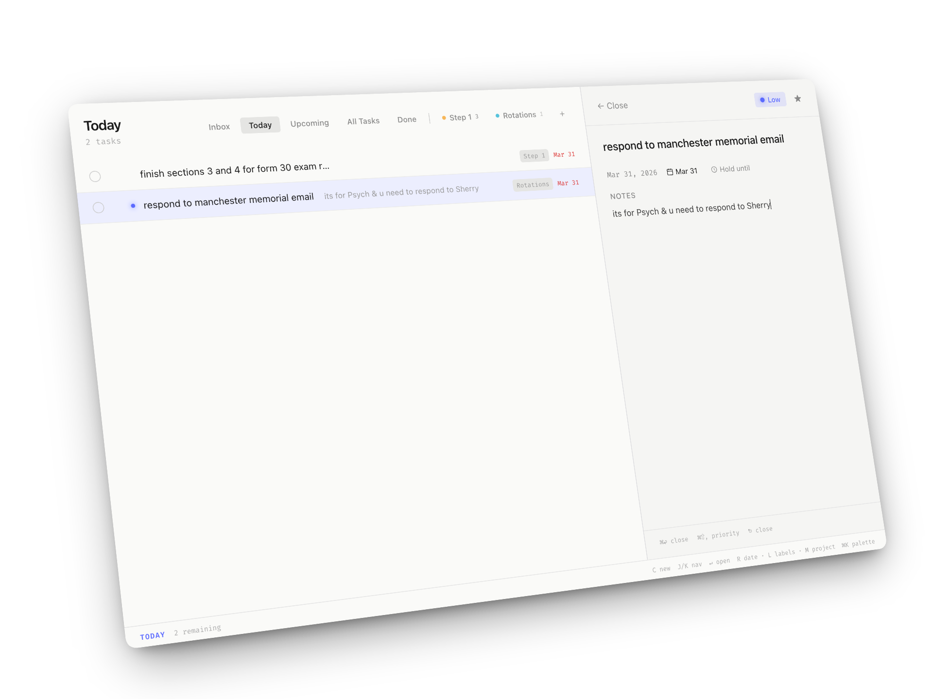 SuperTasks task detail panel with notes, priority, and due date