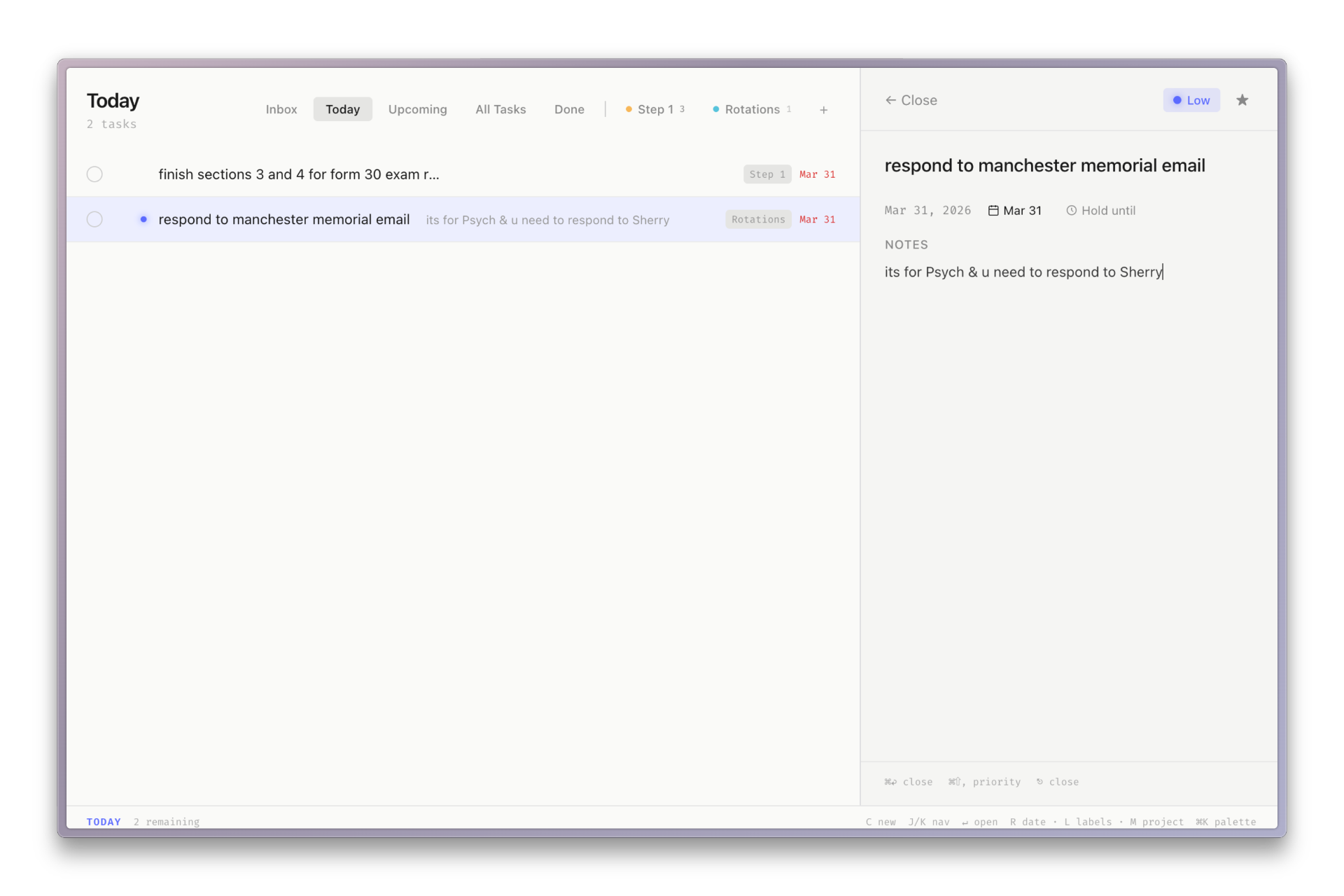 SuperTasks — Today view with task detail panel open