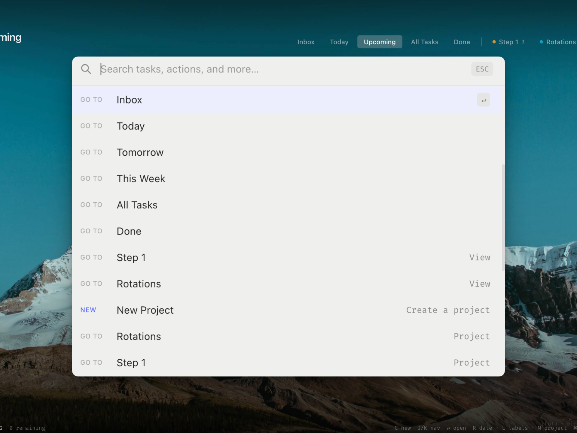 SuperTasks command palette showing navigation and view options